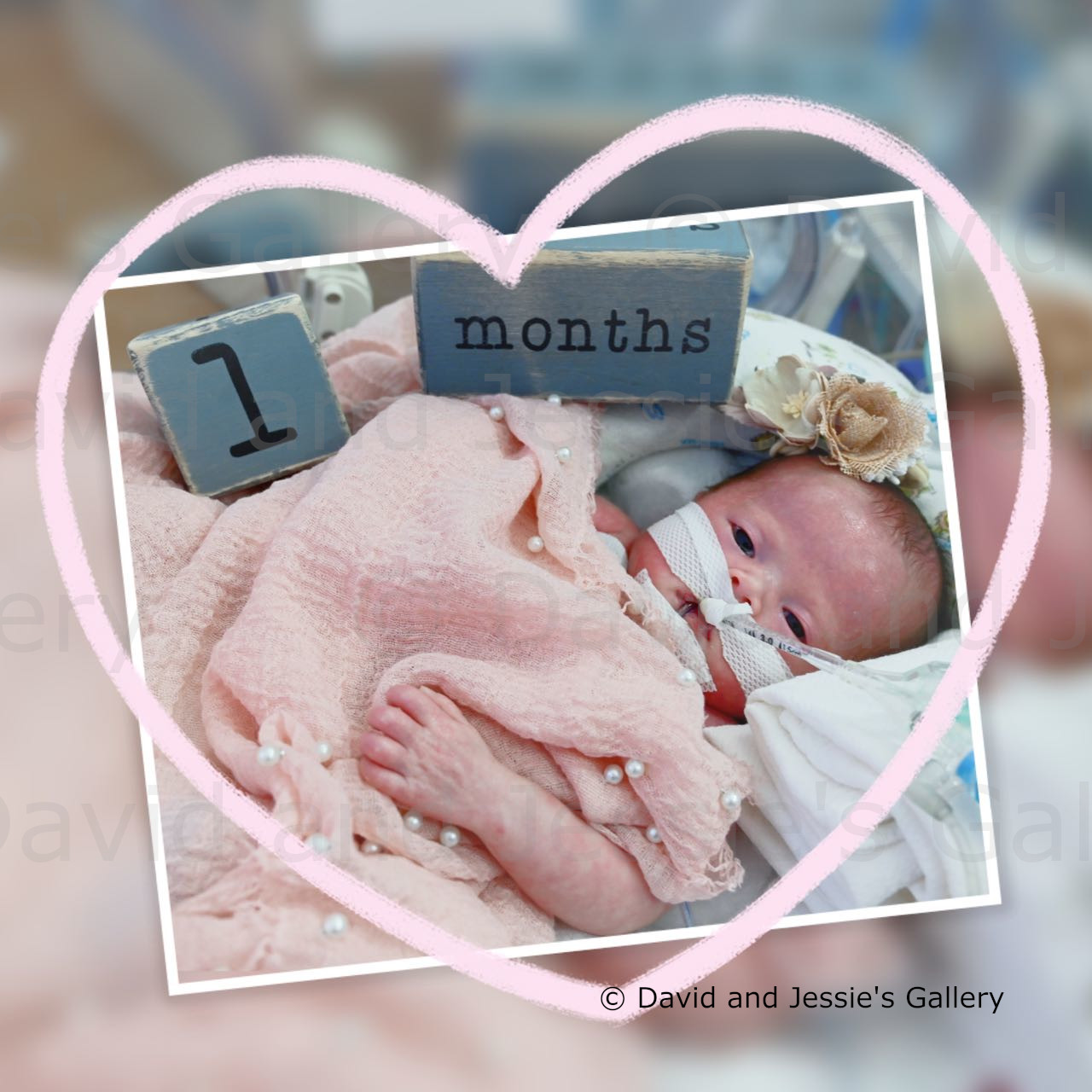 Image of Constance next to blocks that spell '1 months' and a heart-shaped frame over the photo.