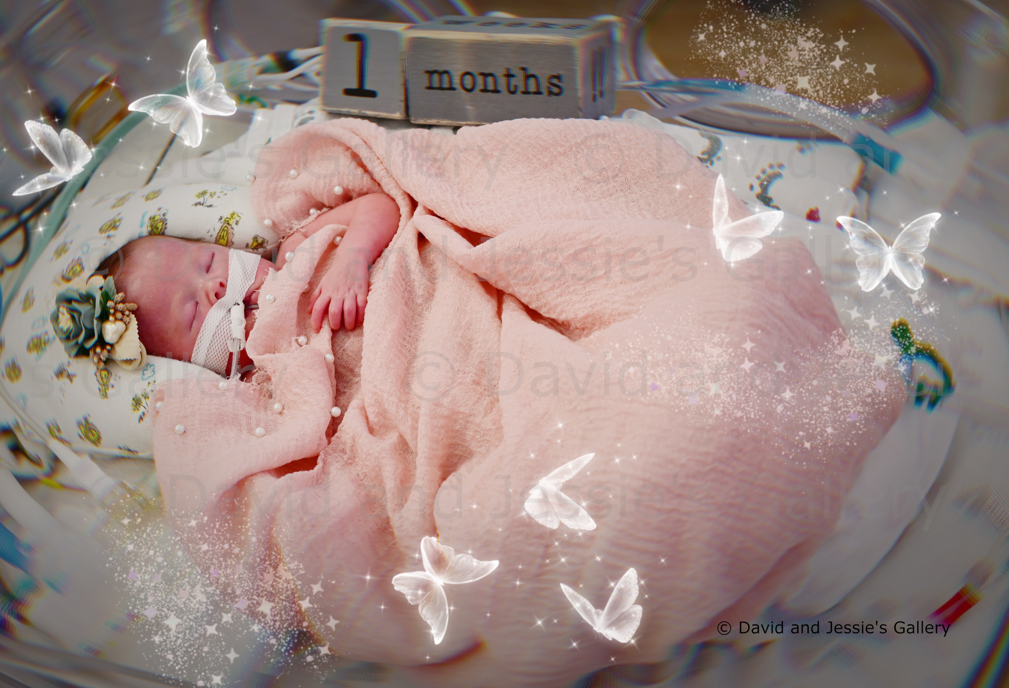 Image of Constance next to blocks that spell '1 months' and transparent butterflies and sparkles decorating the photo.
